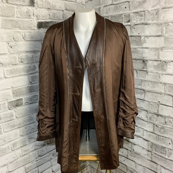 Vintage 70s Chocolate Brown Leather Retro Jacket Trench Coat Overcoat - Picture 7 of 16